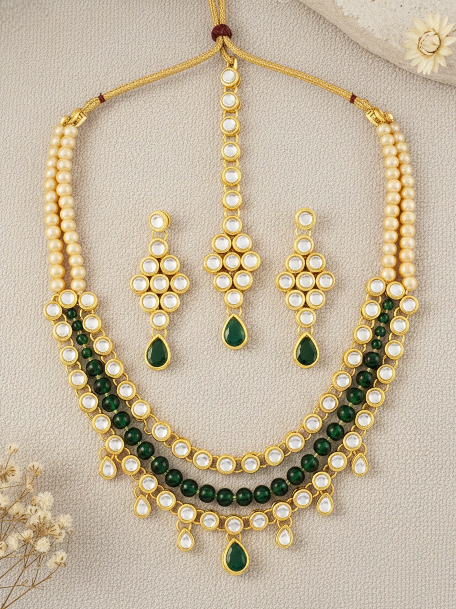 Karatcart 22K GoldPlated Kundan Layered Green Drop Ethnic Rani Haar Necklace Set