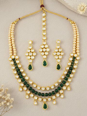 Karatcart 22K GoldPlated Kundan Layered Green Drop Ethnic Rani Haar Necklace Set