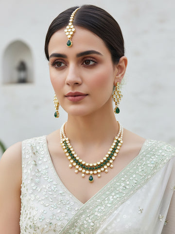 Karatcart 22K GoldPlated Kundan Layered Green Drop Ethnic Rani Haar Necklace Set