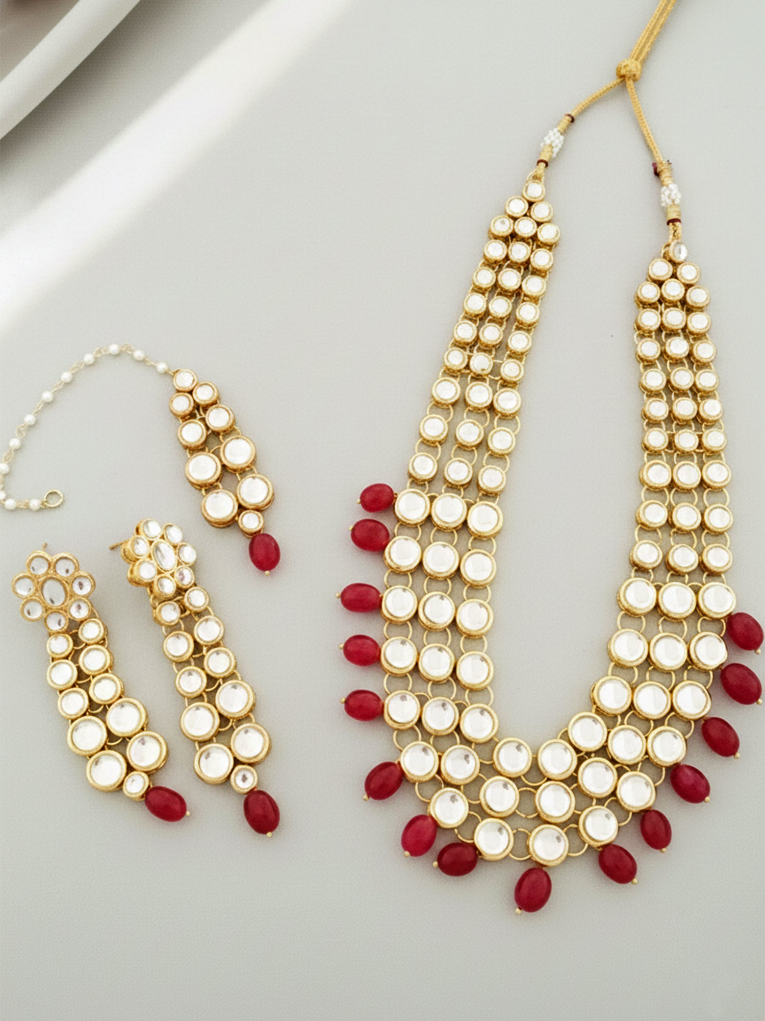 Multi layer Kundan Long Necklace with Red Tumble Hangings