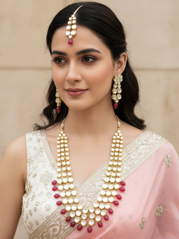Multi layer Kundan Long Necklace with Red Tumble Hangings