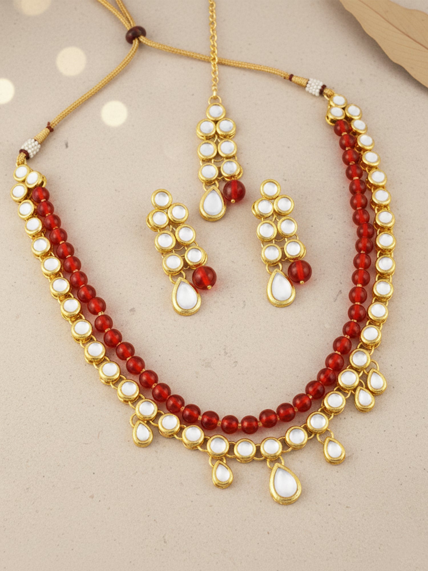 Karatcart 22K GoldPlated Kundan Layered Red Drop Rani Haar Necklace Set