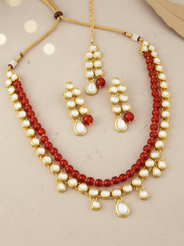 Karatcart 22K GoldPlated Kundan Layered Red Drop Rani Haar Necklace Set