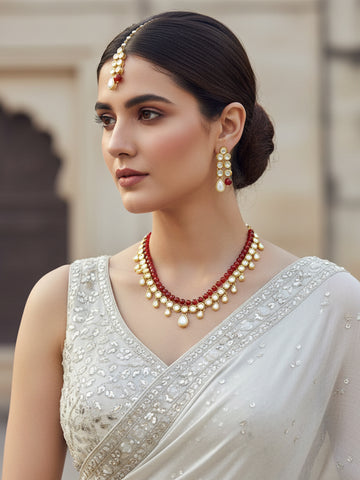 Karatcart 22K GoldPlated Kundan Layered Red Drop Rani Haar Necklace Set