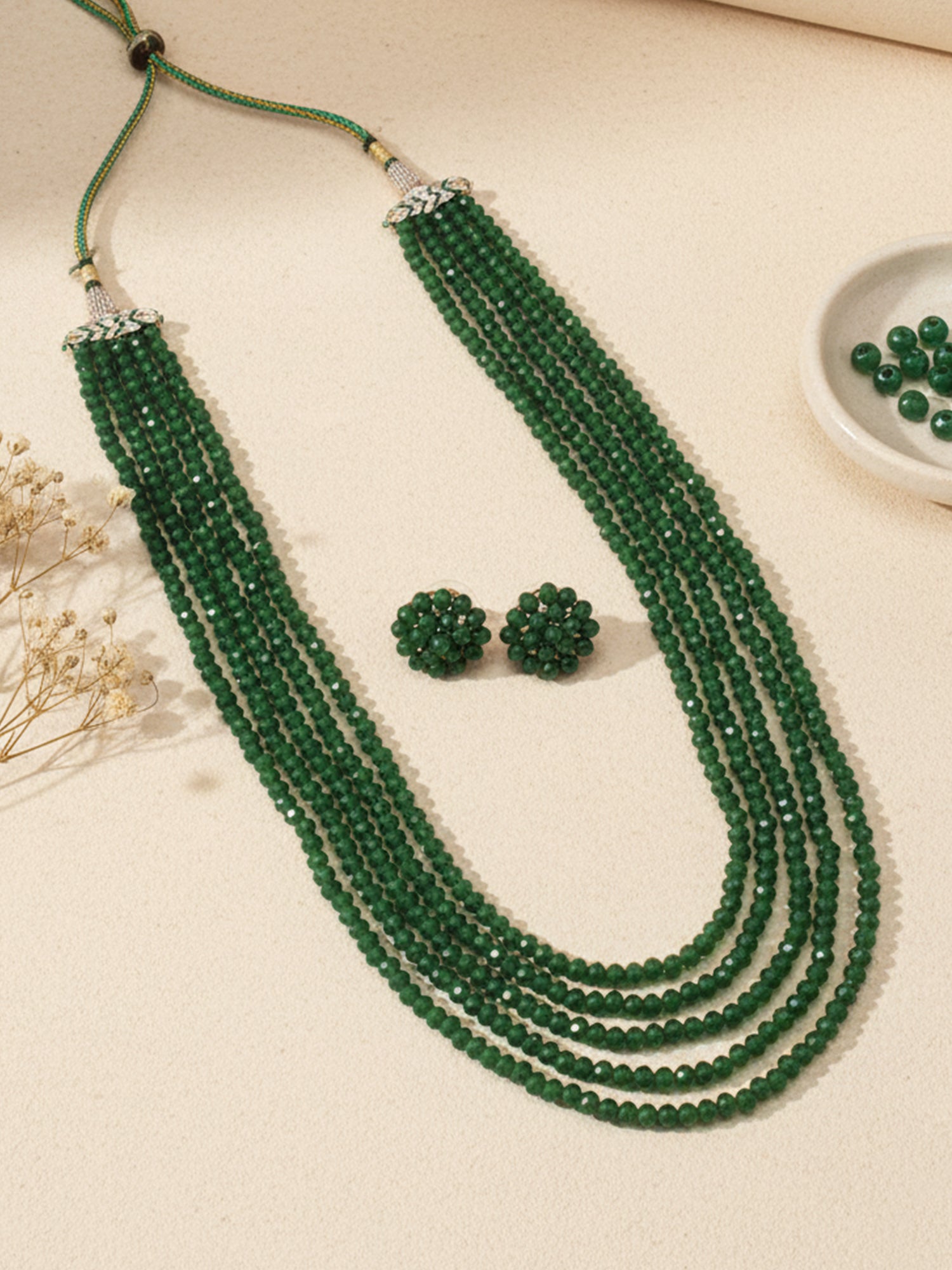 Green Crystal Beads Multi-Strand Necklace Set