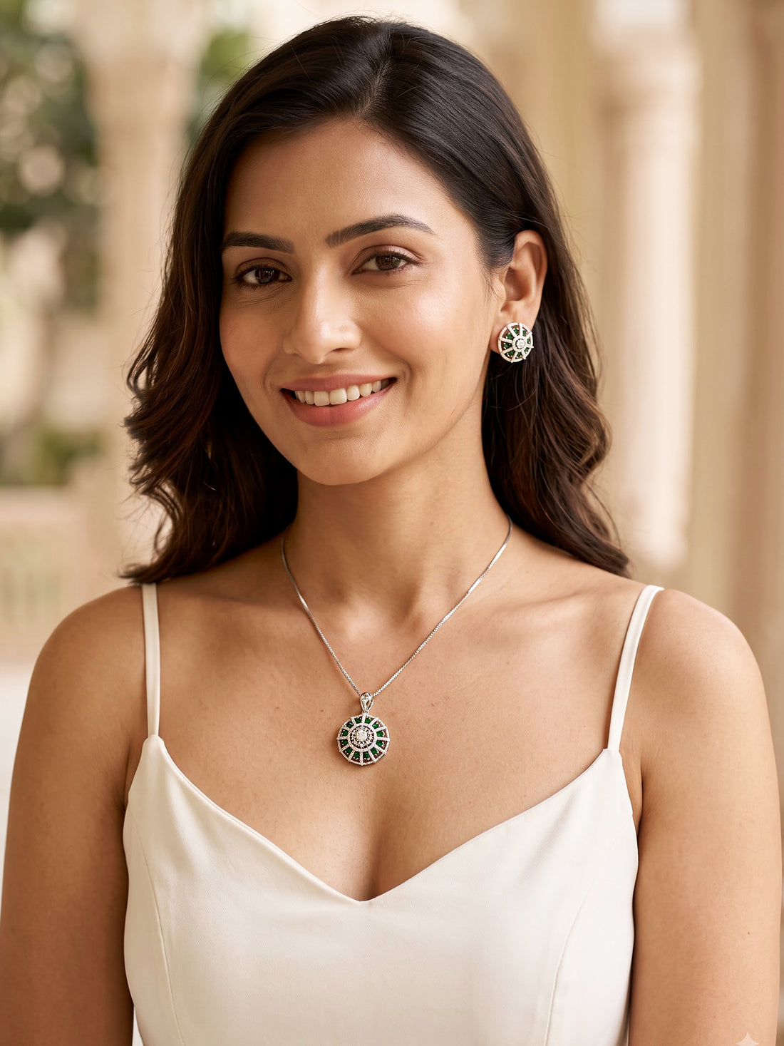 KARATCART Designer Silver-Plated Green American Diamond Round Floral Pendant Set for Women