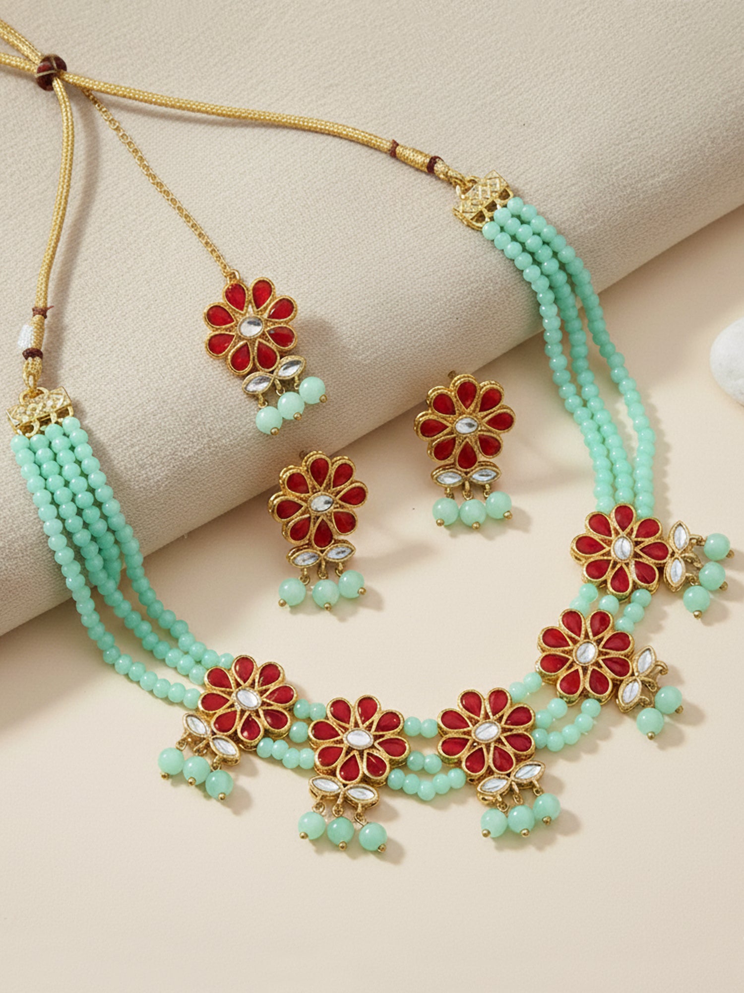 Kundan Red and Mint Green Beaded Choker Necklace Set