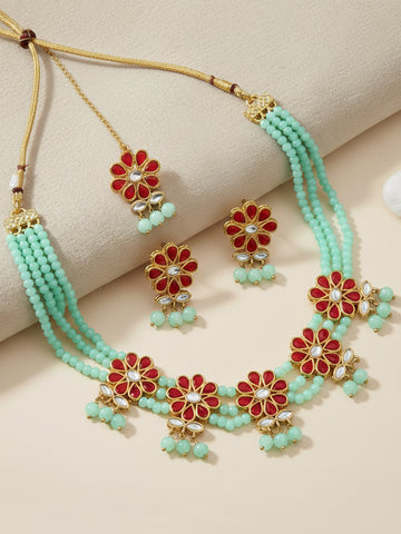 Kundan Red and Mint Green Beaded Choker Necklace Set