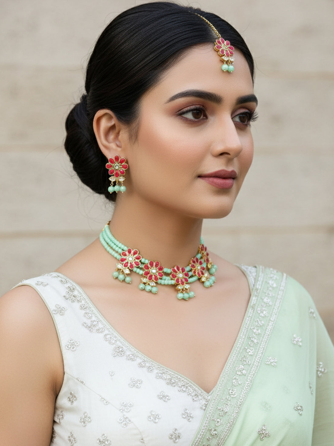 Kundan Red and Mint Green Beaded Choker Necklace Set