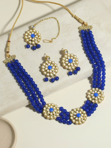 Kundan Royal Blue Beaded Choker Necklace Set