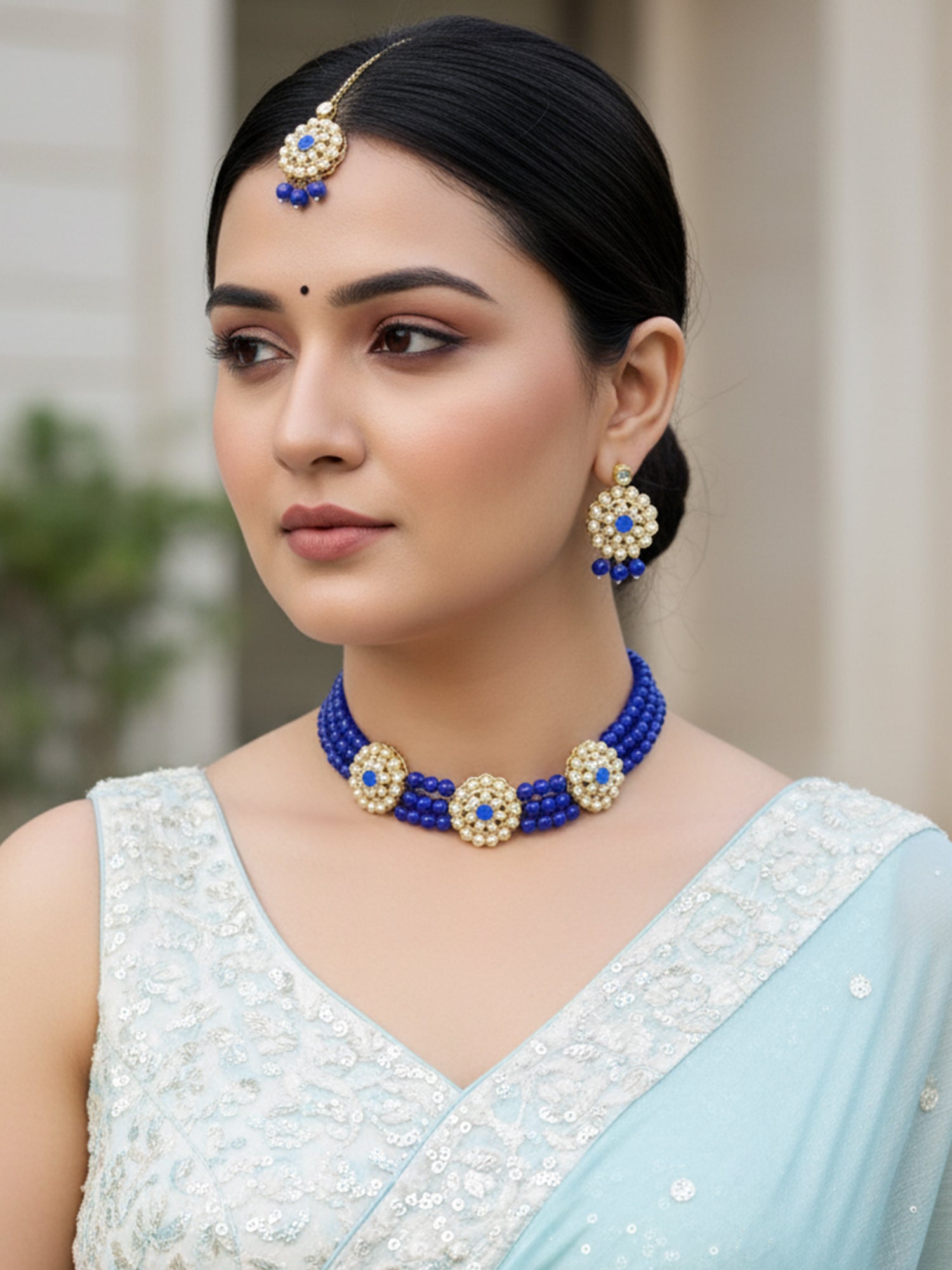 Kundan Royal Blue Beaded Choker Necklace Set