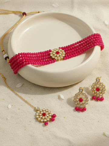 Kundan Pink Beaded Choker Necklace Set