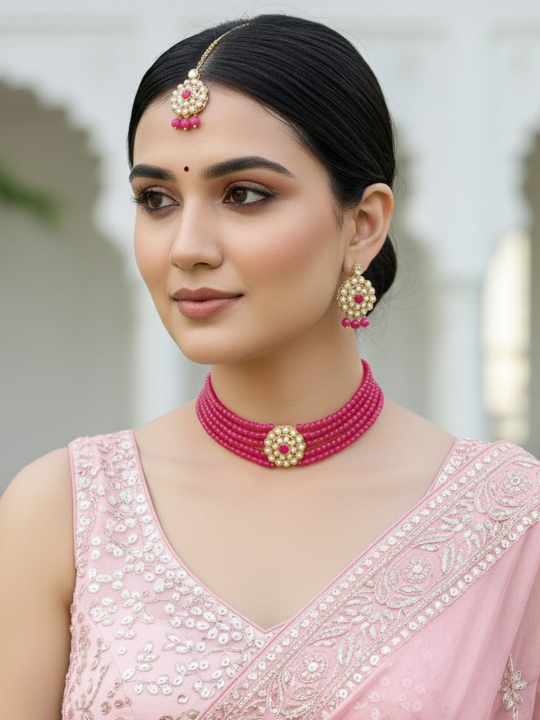 Kundan Pink Beaded Choker Necklace Set