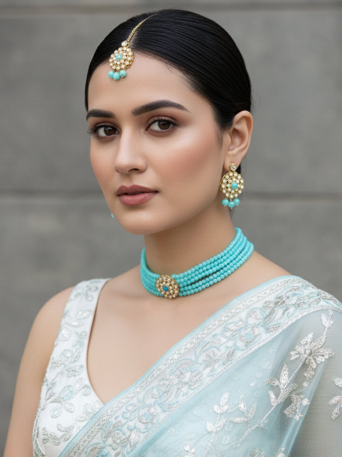 Kundan Blue Beaded Choker Necklace Set