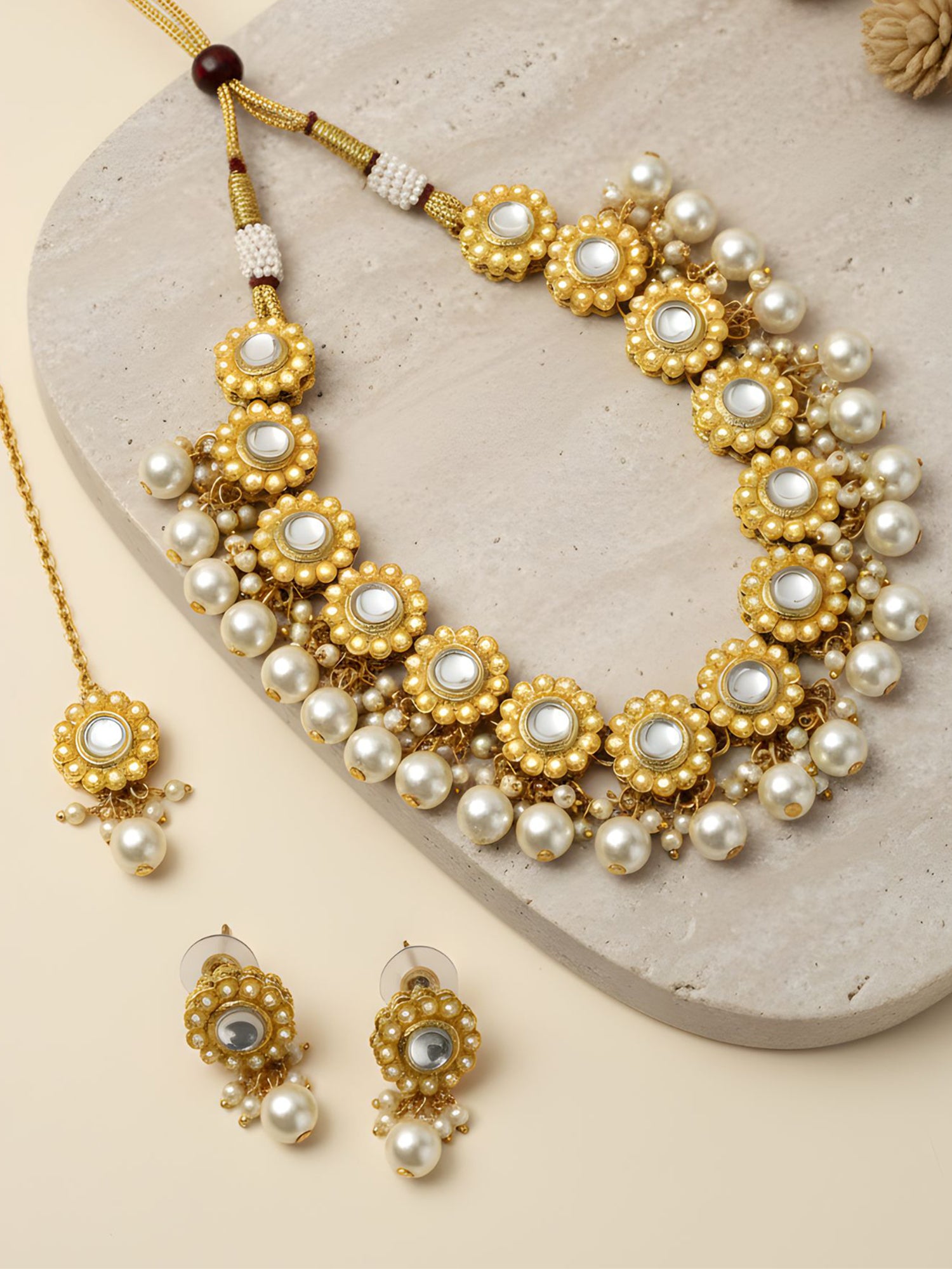 Kundan White Tassel Pearl Beads Choker Necklace Set