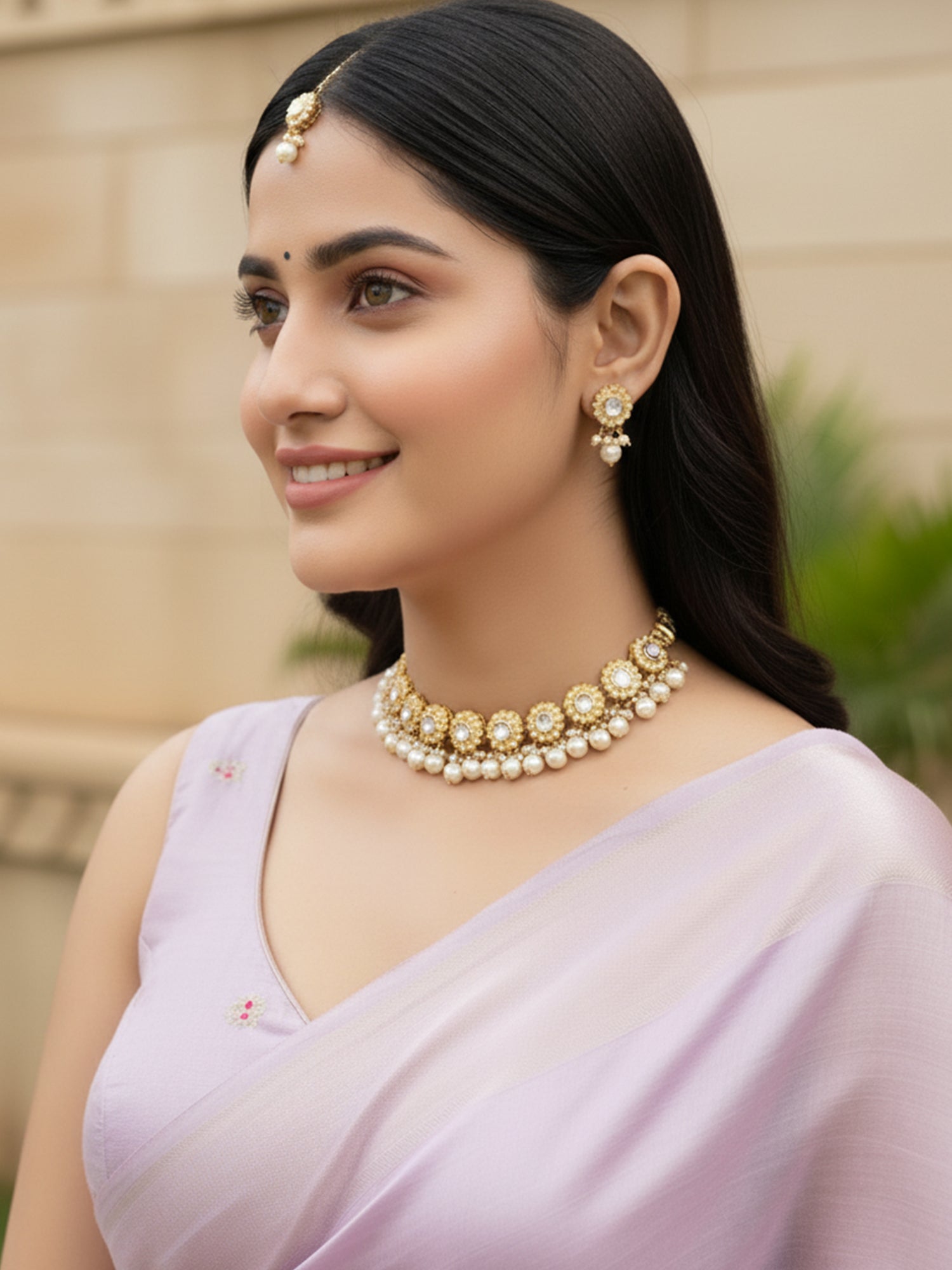 Kundan White Tassel Pearl Beads Choker Necklace Set