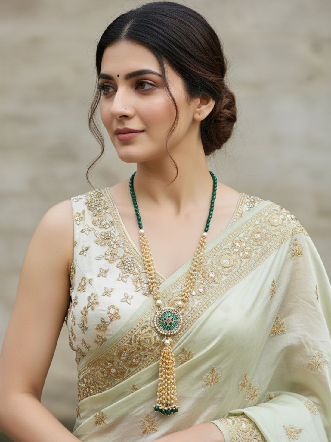 Green Stones Studded Rani Haar with Tassel Beads