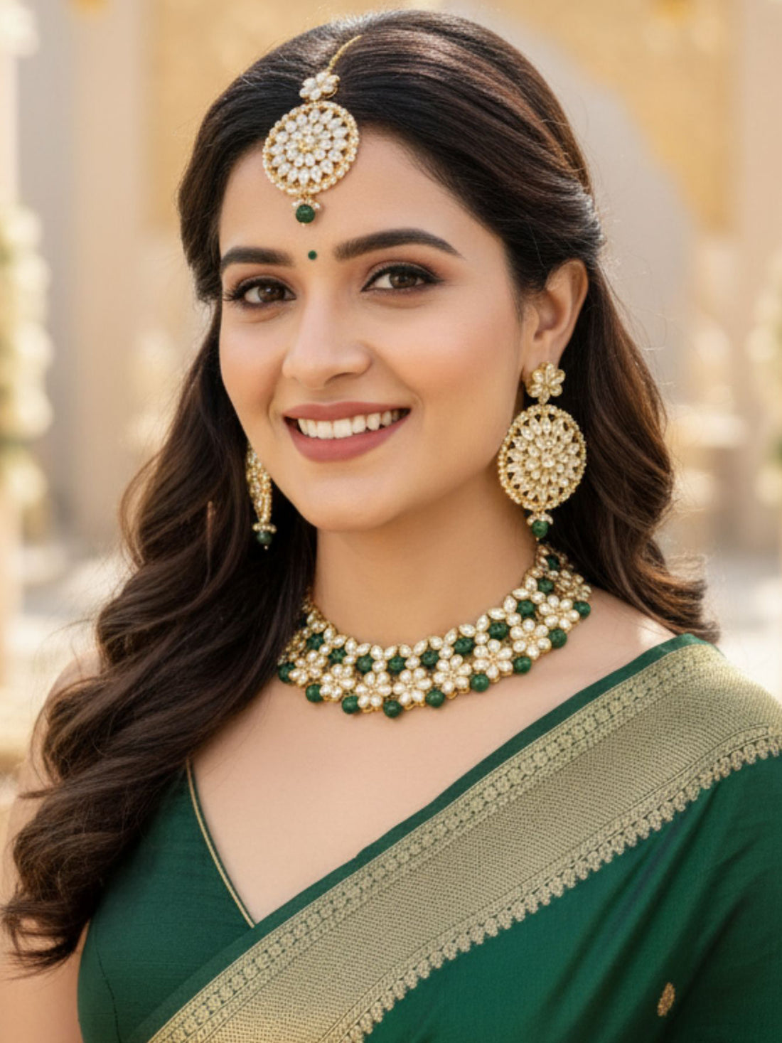 Green Beads Studded Kundan Choker Necklace Set