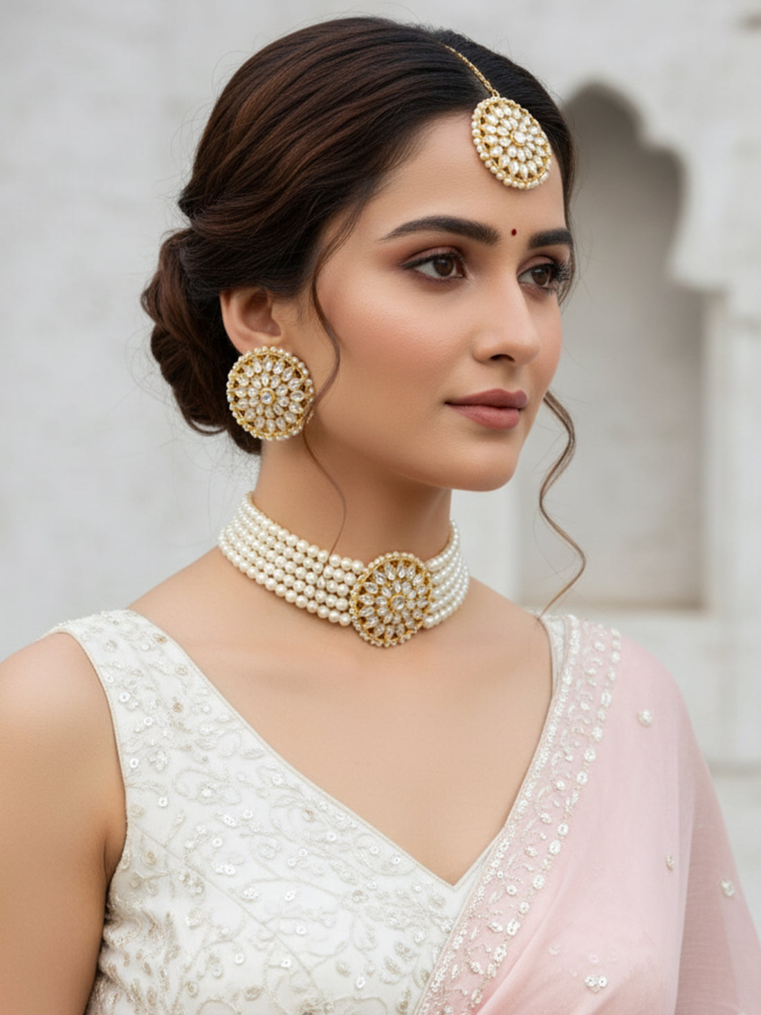 Gold Plated Pearl Beads Kundan Choker Necklace Set