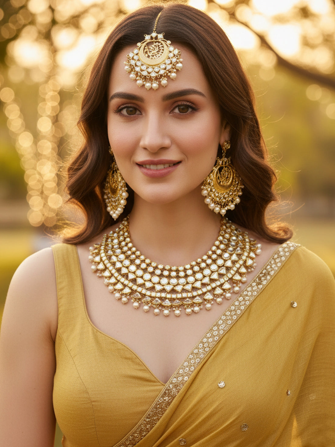 Gold Plated Pearl Beads Kundan Bridal Necklace Set