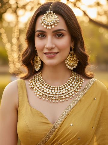 Gold Plated Pearl Beads Kundan Bridal Necklace Set