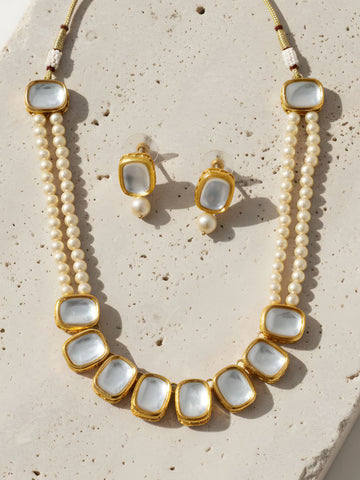 Golden Pearl Beads Polki Kundan Necklace Set