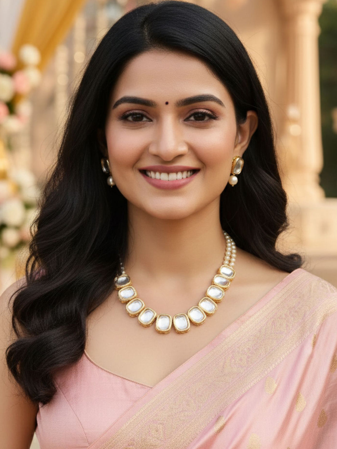 Golden Pearl Beads Polki Kundan Necklace Set