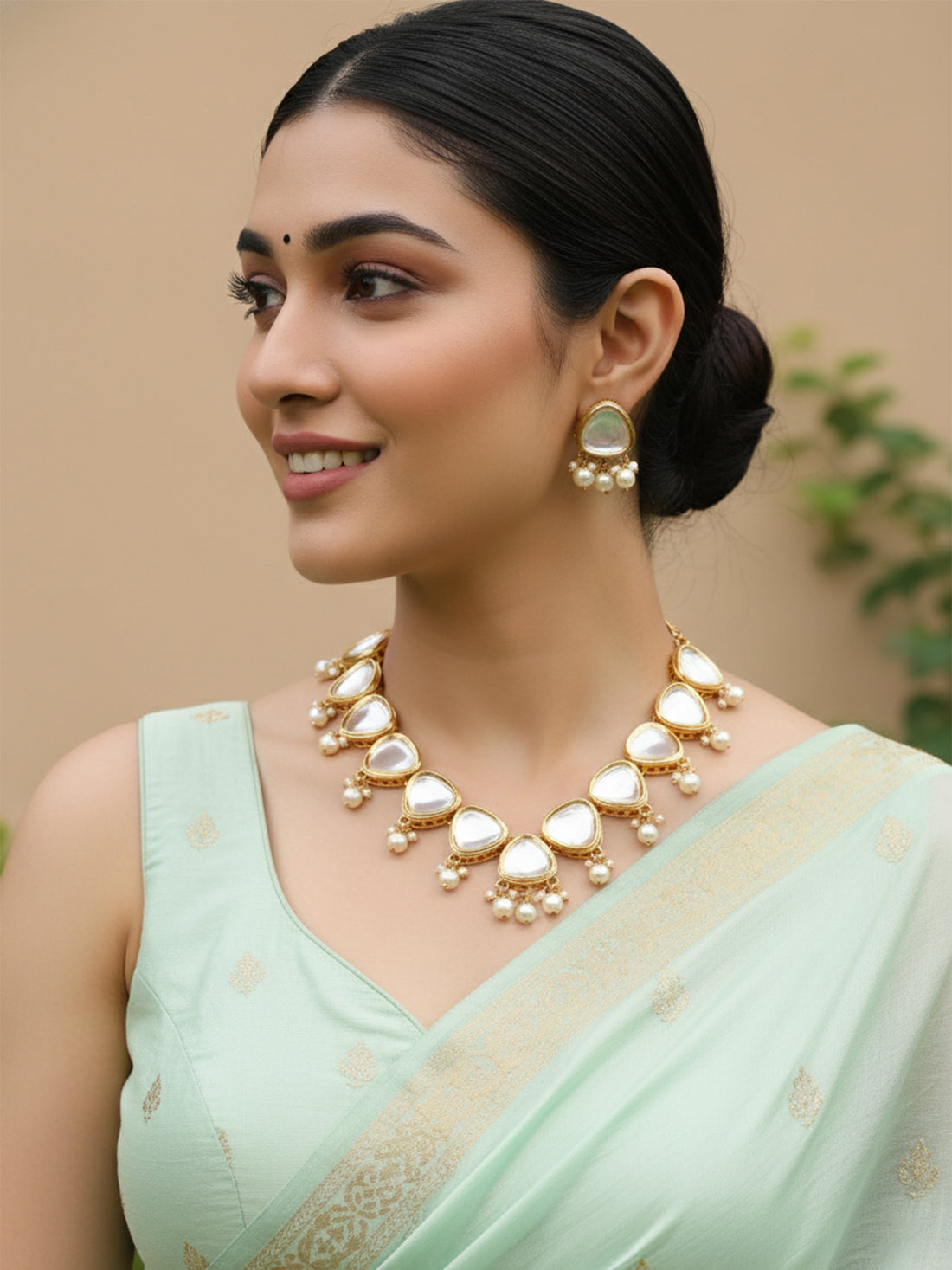 Trendy Pearl Beads Polki Kundan Necklace Set