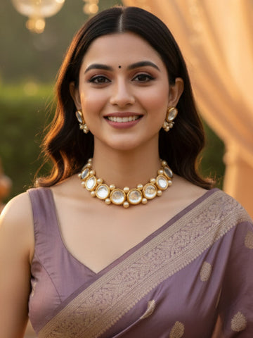 Gold Plated Pearl Beads Polki Kundan Choker Necklace Set