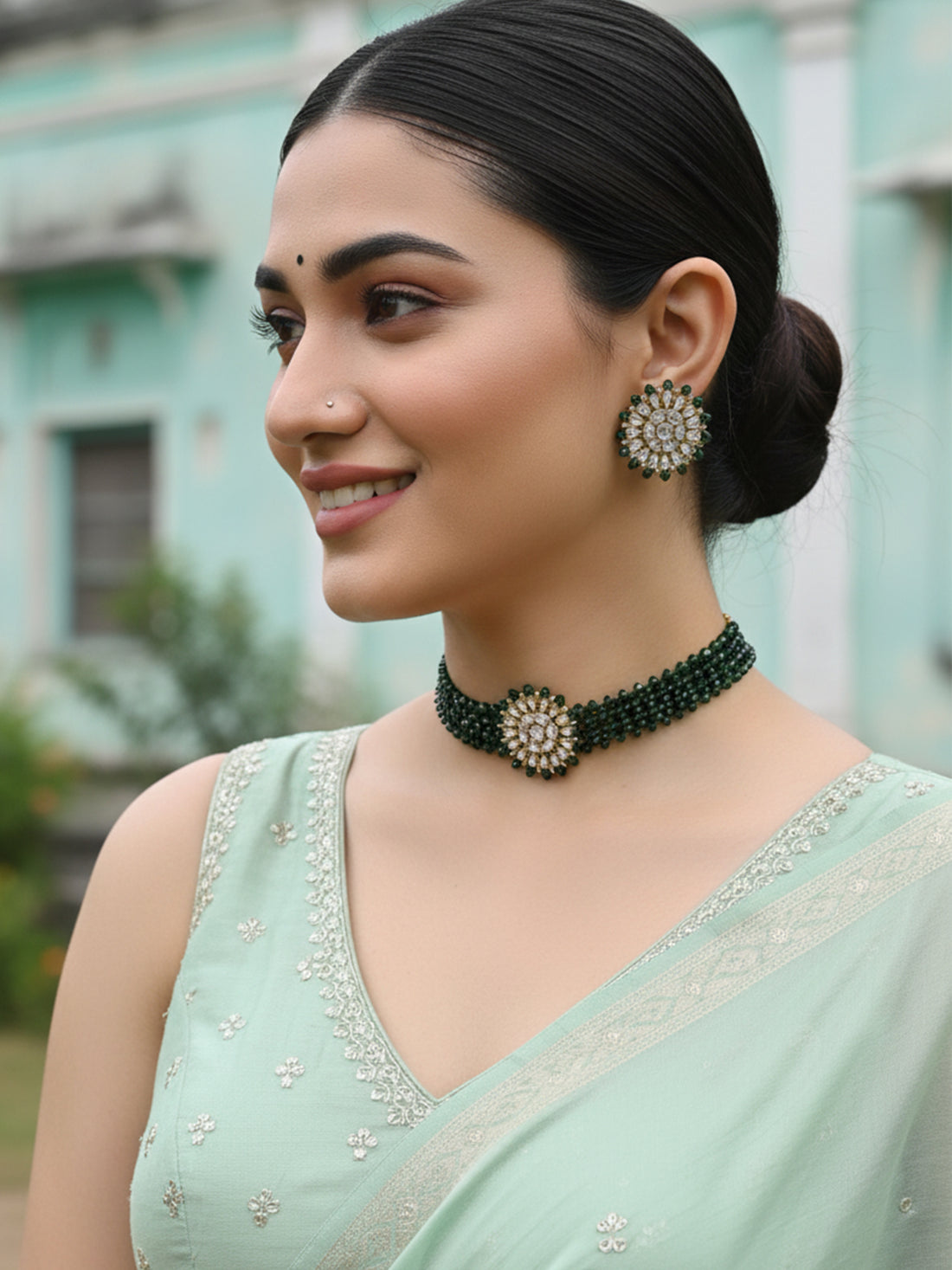 Green Crystal Kundan Choker Necklace Set