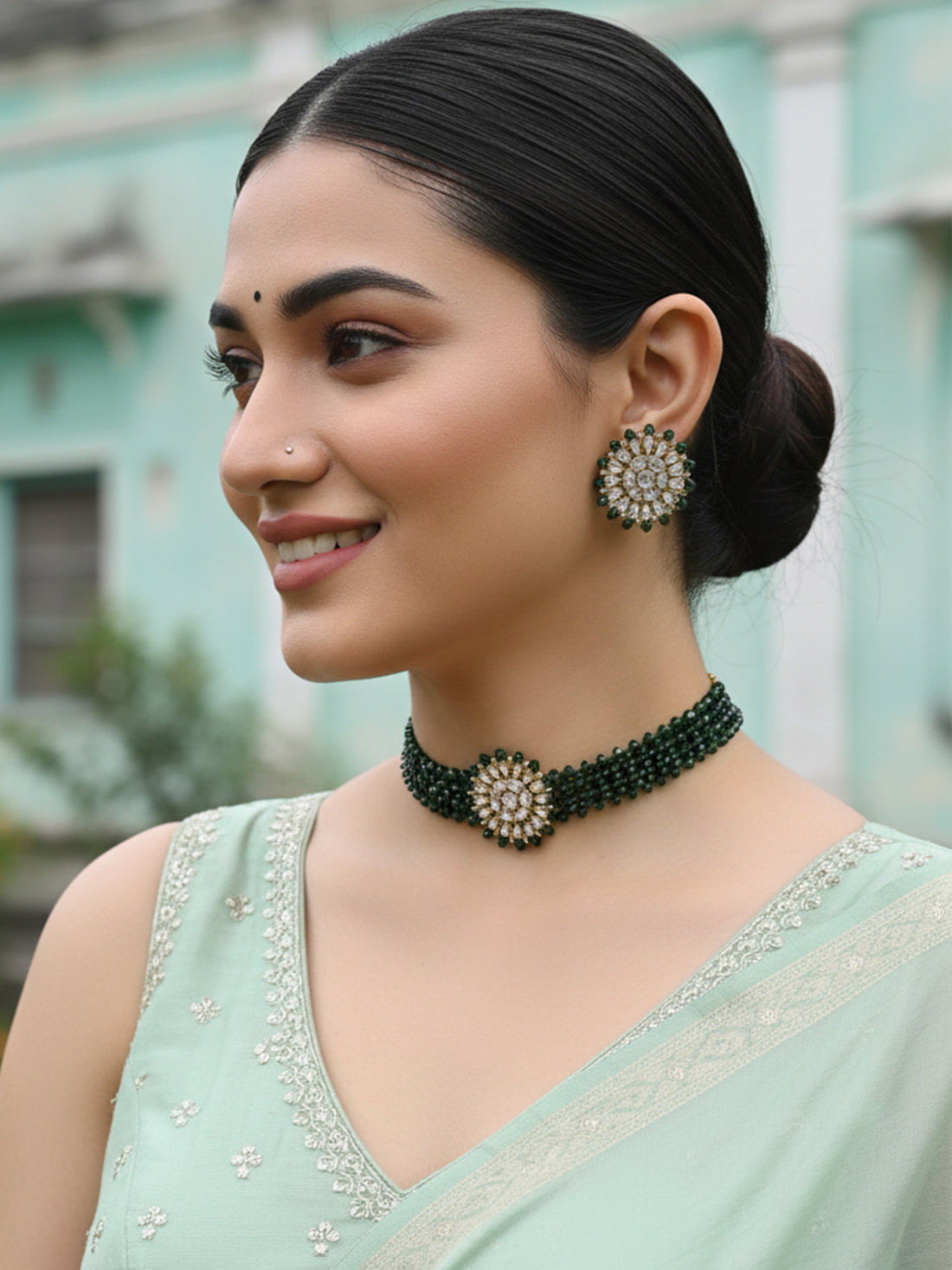 Green Crystal Kundan Choker Necklace Set