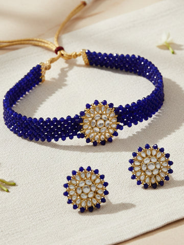Blue Crystal Kundan Choker Necklace Set