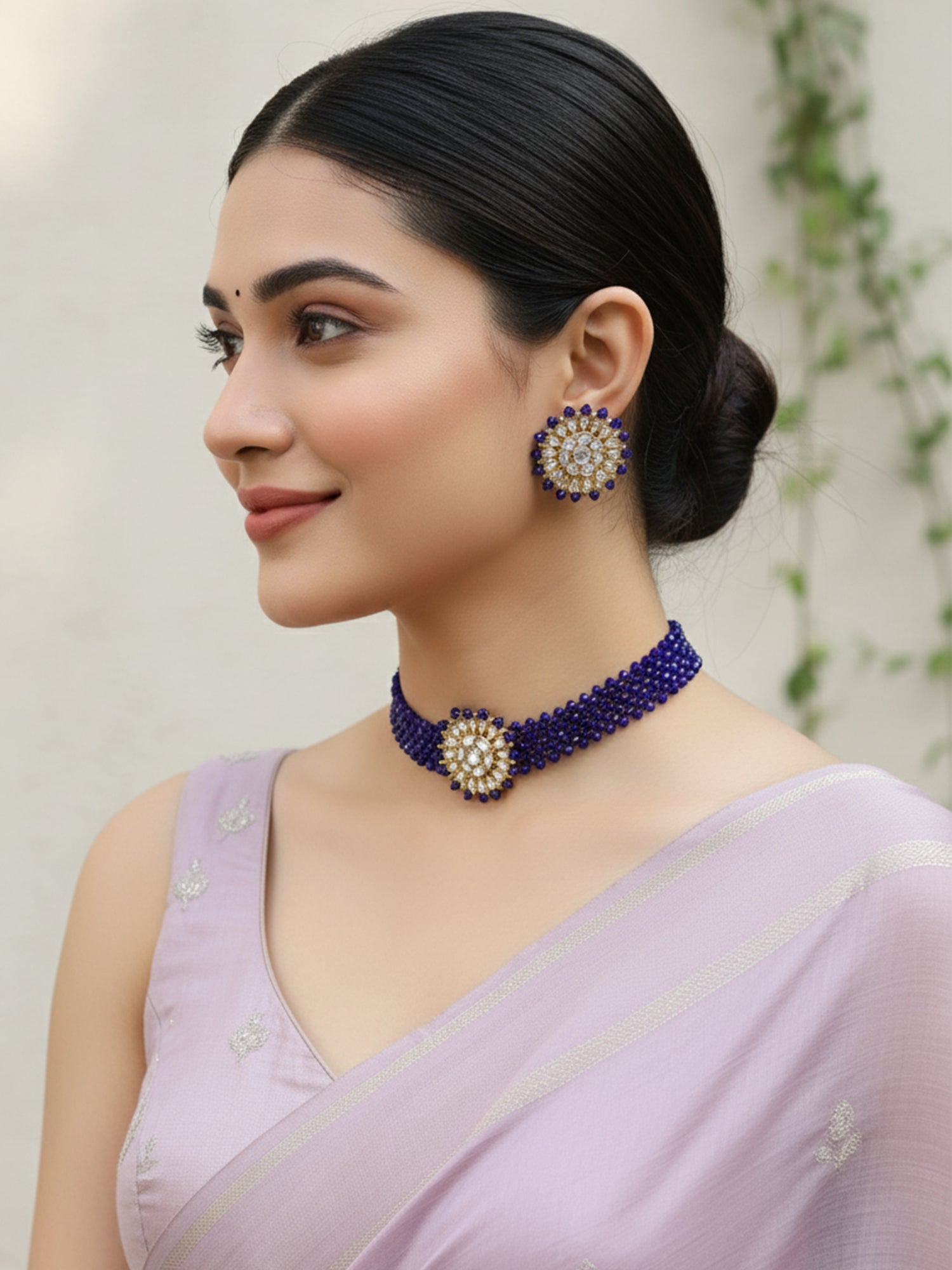 Blue Crystal Kundan Choker Necklace Set