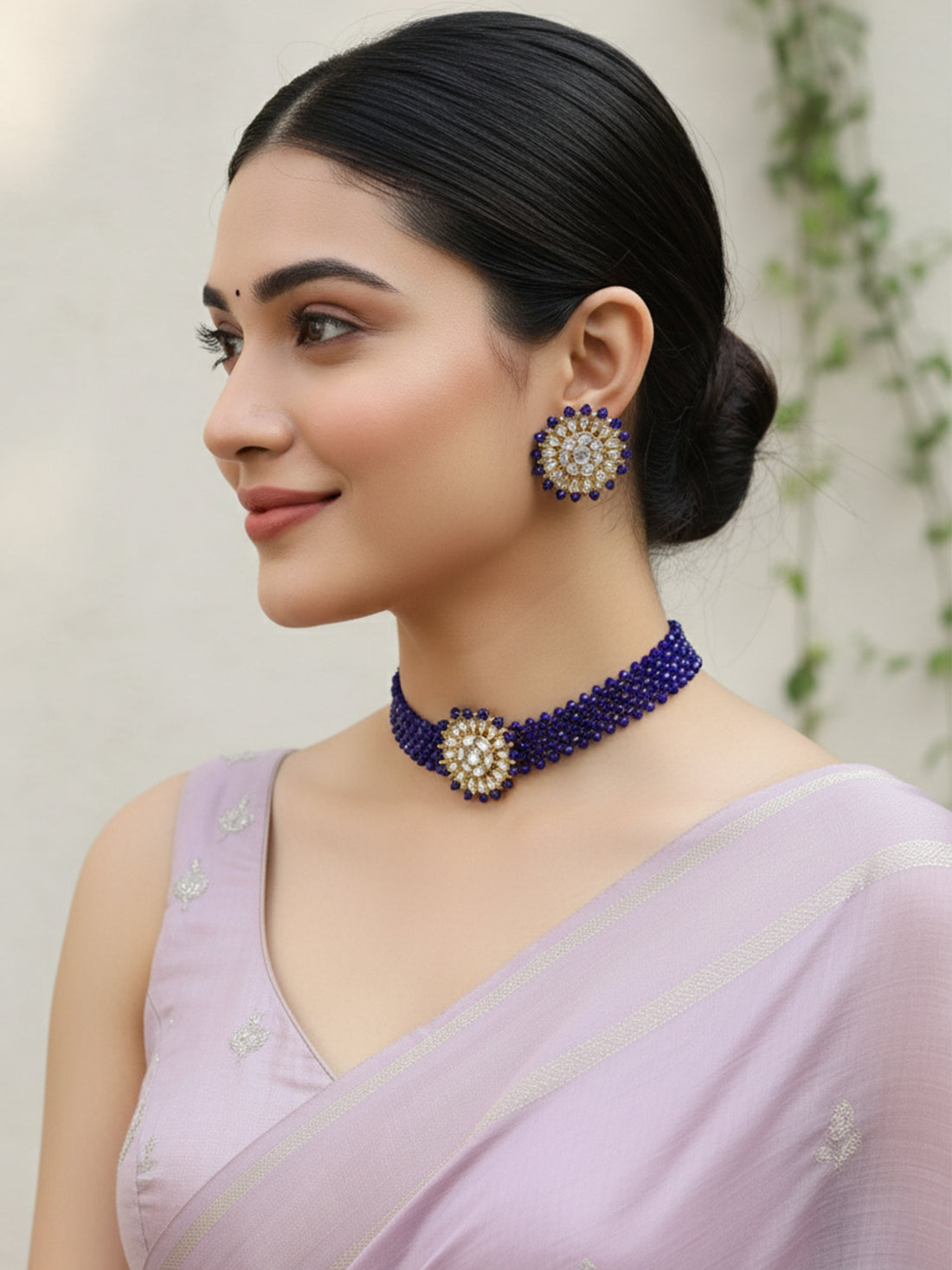 Blue Crystal Kundan Choker Necklace Set