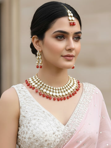 Gold-Tone Traditional Red Stone Studded Kundan Necklace Set