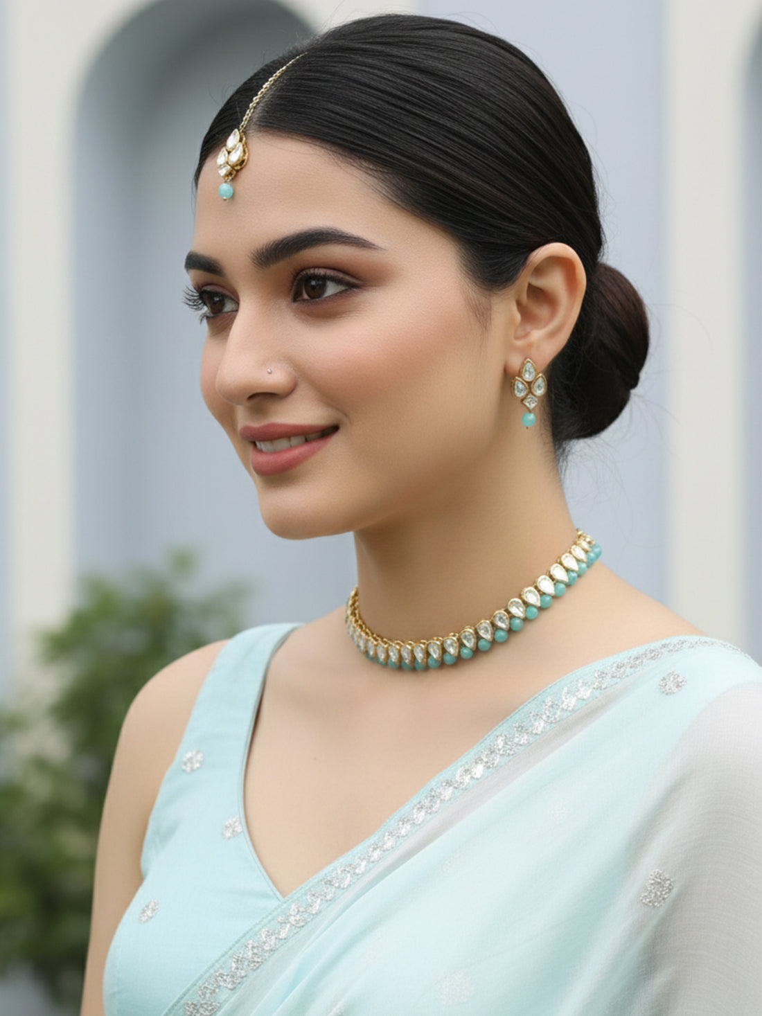 Karatcart Gold-Plated Handcrafted Kundan & Light Blue Beads Studded Choker Necklace Set