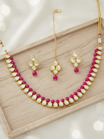 Karatcart Gold-Plated Handcrafted Kundan & Pink Beads Studded Necklace Set