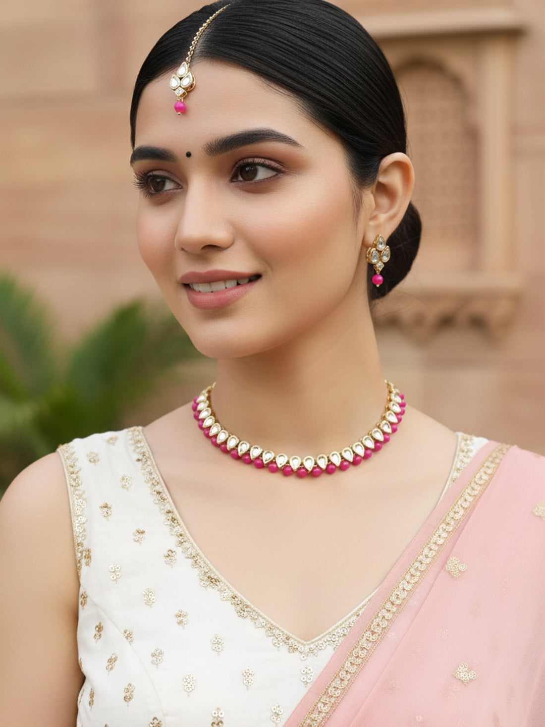 Karatcart Gold-Plated Handcrafted Kundan & Pink Beads Studded Necklace Set