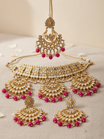 Pink Beads Gold-Toned Kundan Studded Bridal Choker Necklace Set