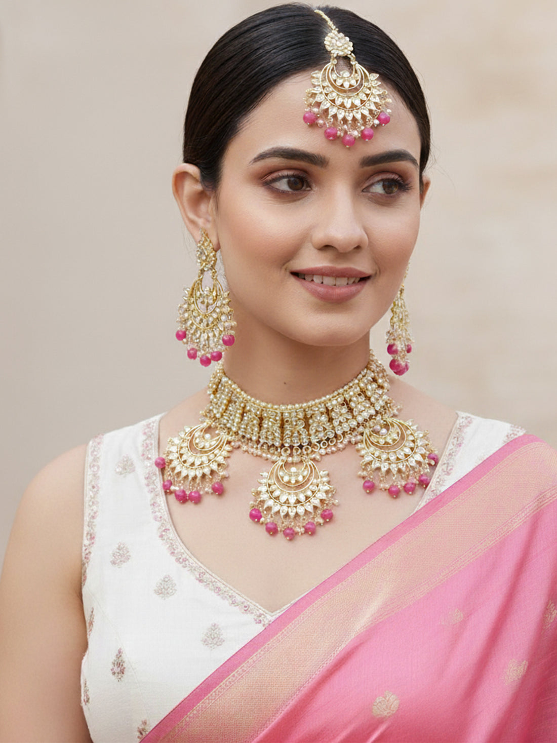 Pink Beads Gold-Toned Kundan Studded Bridal Choker Necklace Set