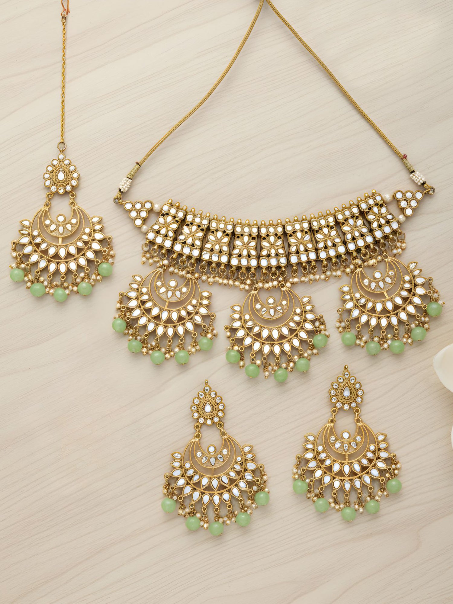Light Green Beads Gold-Toned Kundan Studded Bridal Choker Necklace Set
