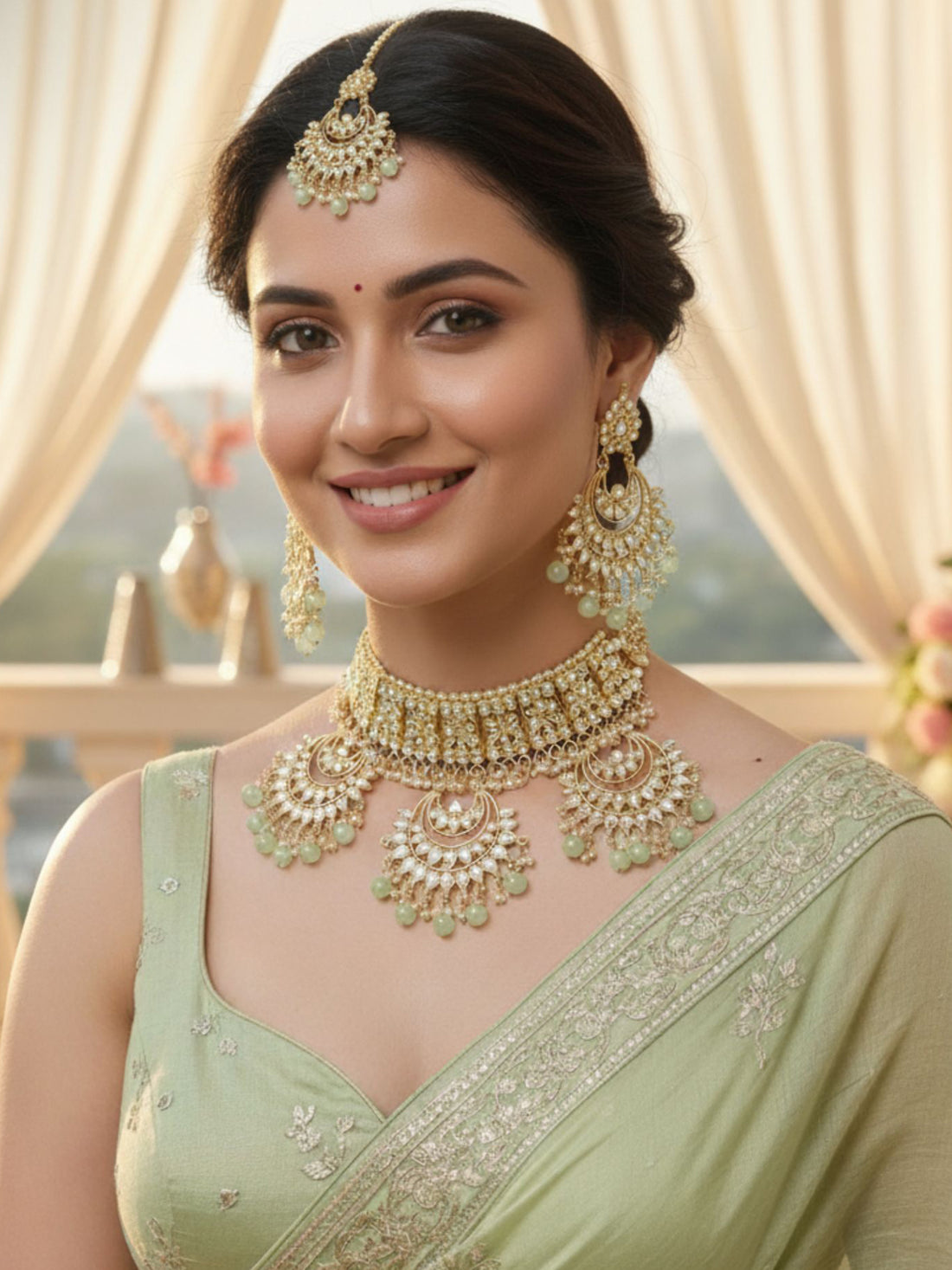 Light Green Beads Gold-Toned Kundan Studded Bridal Choker Necklace Set