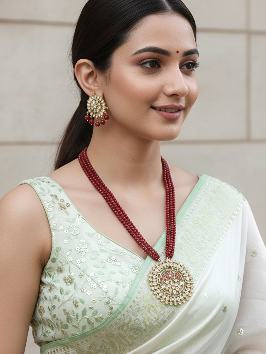 Gold Plated Antique Red Kundan Rani Haar Beaded Pendant Set