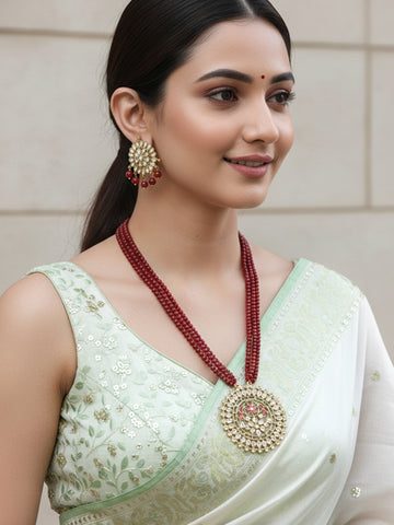 Gold Plated Antique Red Kundan Rani Haar Beaded Pendant Set