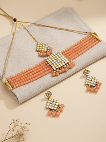 Gold-Plated Embellished Kundan and Peach Beads Handcrafted Choker Necklace Set