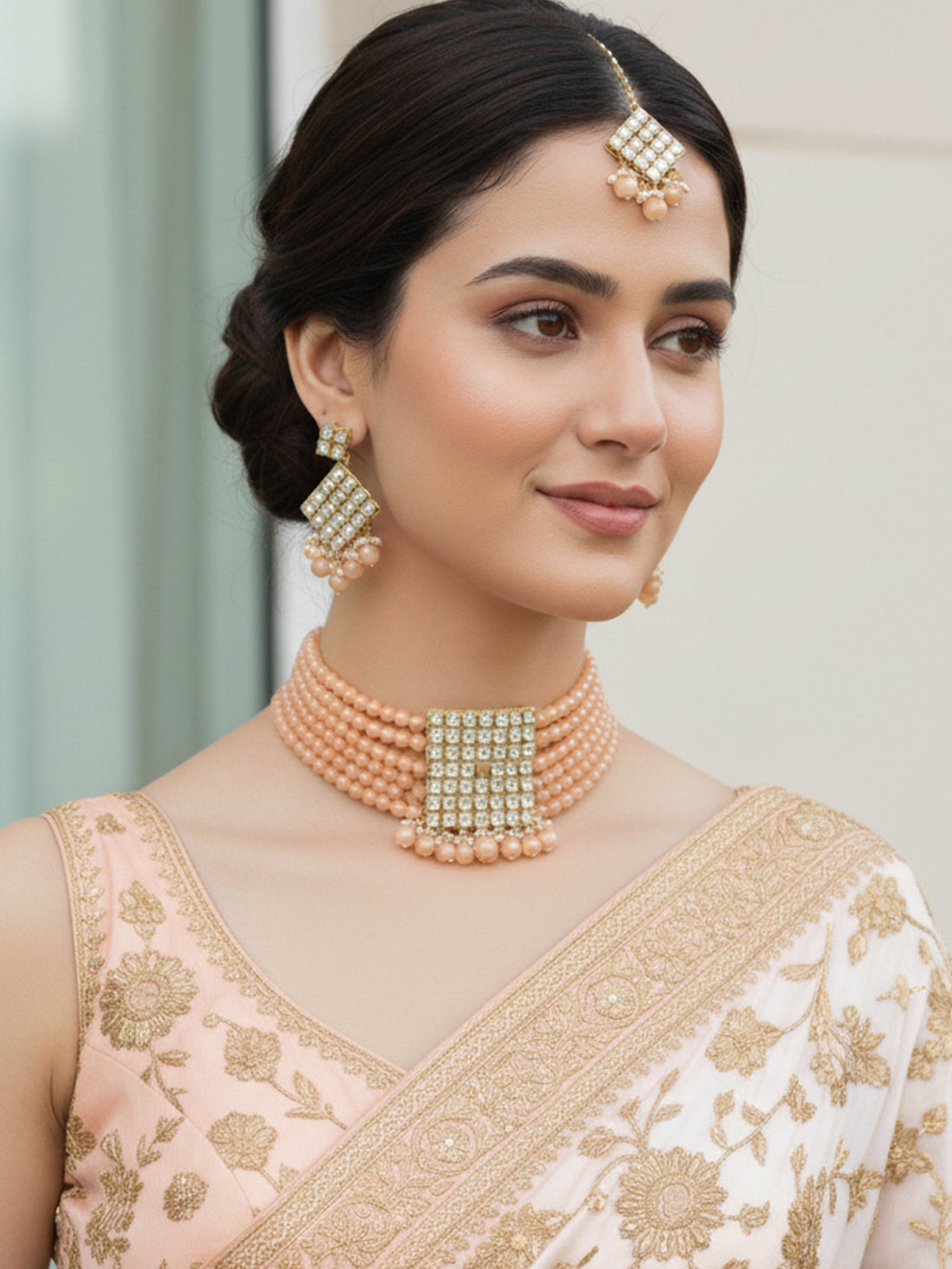 Gold-Plated Embellished Kundan and Peach Beads Handcrafted Choker Necklace Set