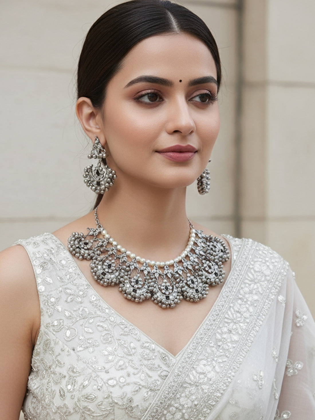 Oxidised Silver Black Kundan Studded Necklace Set