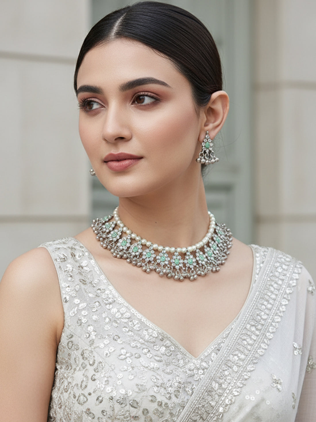 Oxidised Silver Light Green Kundan Studded Handcrafted Necklace Set