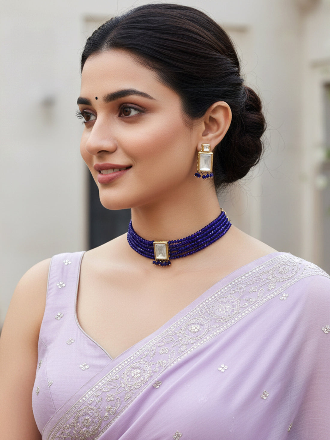 Traditional Blue Crystal Kundan Choker Necklace Set