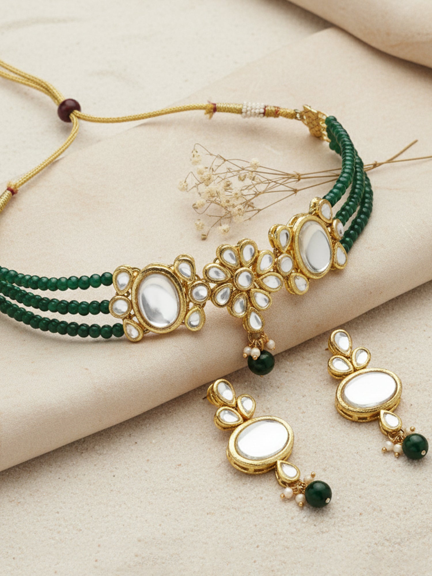 Green Multistrand Embellished Kundan Choker Necklace Set